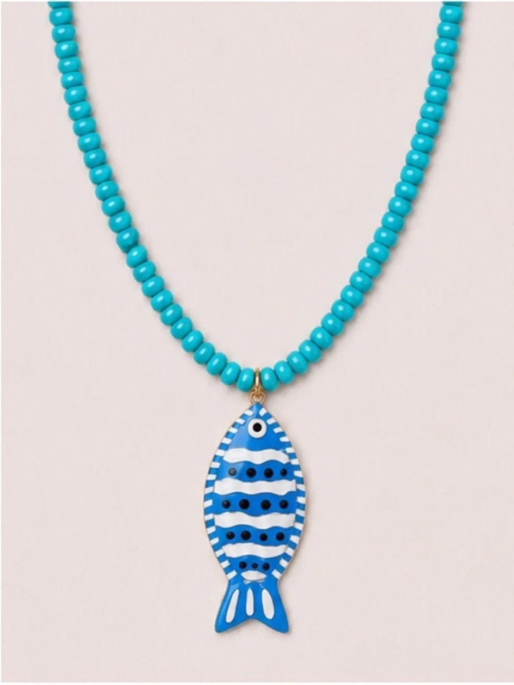 Turquoise Beaded Necklace with Blue Striped Fish Charm